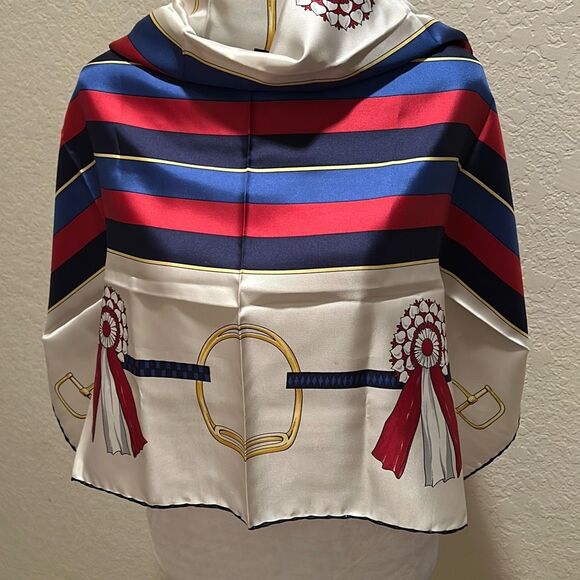 Celine Square Scarf 34x34 Equestrian Derby Print Cream Blue Red 100% Silk Rolled - Picture 5 of 11